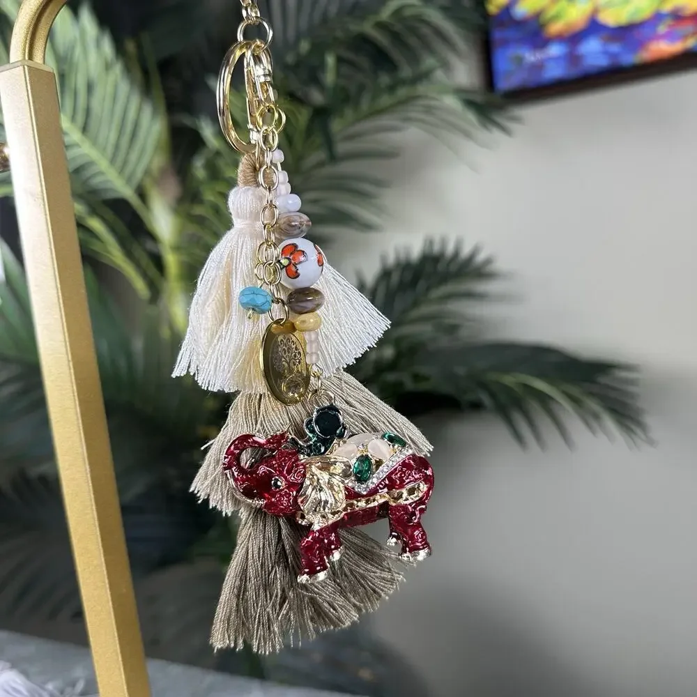 Bag charm Keychain Red Elephant Metal enamel bohemian Tassel BC0035